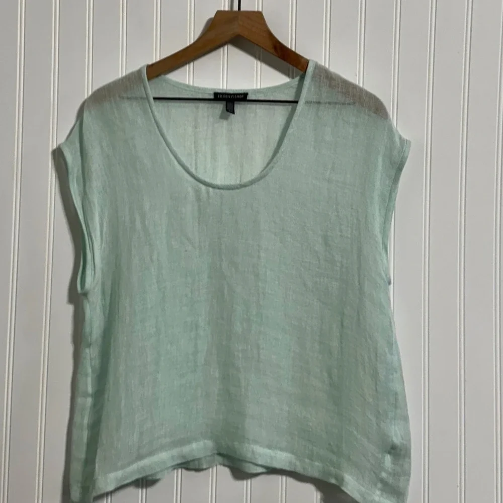 Eileen Fisher Women Medium Top Mint Green 100% Organic Linen Italian Fabric Boxy - Picture 2 of 9